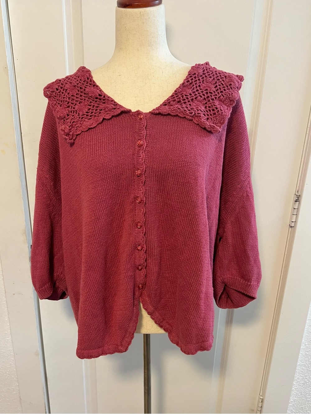 VNTG Cottagecore Crocheted Peter Pan Collar Knit Puff Short Sleeve Cardigan